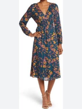 DR2 Teal Floral V-Neck Long Sleeve Midi Dress